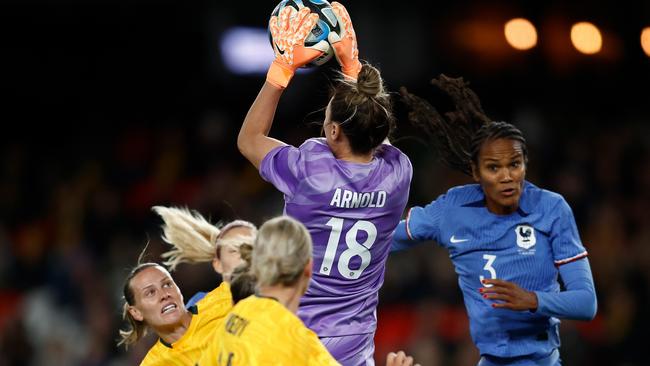 Goalkeeper Matildas Mackenzie Arnold catches the ball during the friendly against France at Marvel Stadium on July 14. Picture: Daniel Pockett/Getty Images