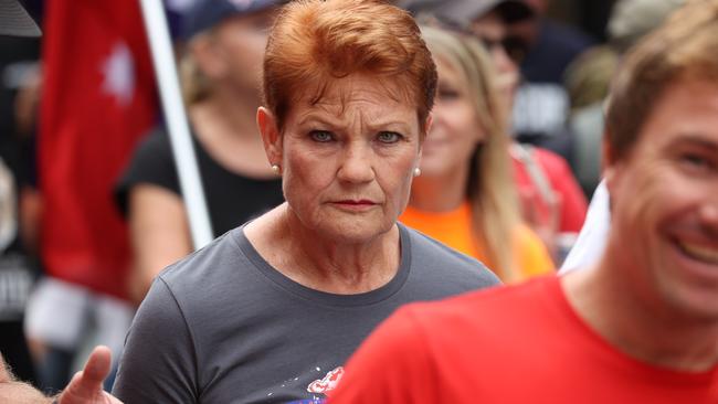 Pauline Hanson takes part in the freedom rally in the Brisbane CBD. Picture: Liam Kidston