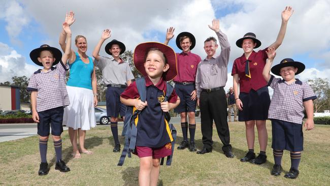 Joe Huth, the youngest of the 6 Huth children, is farewelled by his family on his way to Prep at Lords Lutheran Ormeau Rivers District School. Parents Amie and Anthony Huth, together with Joshua Huthi (Year 11), Jordyn Huth (Year 10), Jacob Huth (Year 8), Joel Huth (Year 3) and James Huth (Year 1) form a guard of honour and wave goodbye. Picture: Glenn Hampson