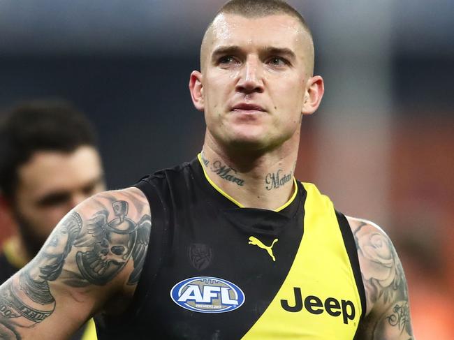 SYDNEY, AUSTRALIA - JULY 14:  Dustin Martin of the Tigers looks dejected as he leaves the pitch during the round 17 AFL match between the Greater Western Sydney Giants and the Richmond Tigers at Spotless Stadium on July 14, 2018 in Sydney, Australia.  (Photo by Matt King/Getty Images)