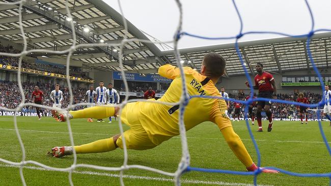 Paul Pogba scores one of Manchester United’s two goals. Picture: Getty Images