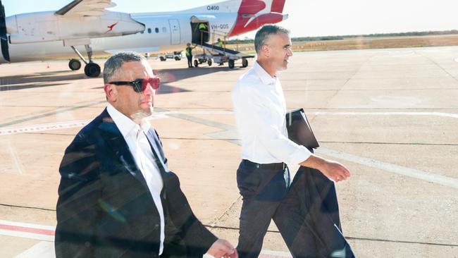 Energy and Mining Minister Tom Koutsantonis and Premier Peter Malinauskas arrive in Whyalla on Wednesday afternoon. Picture: Tim Joy