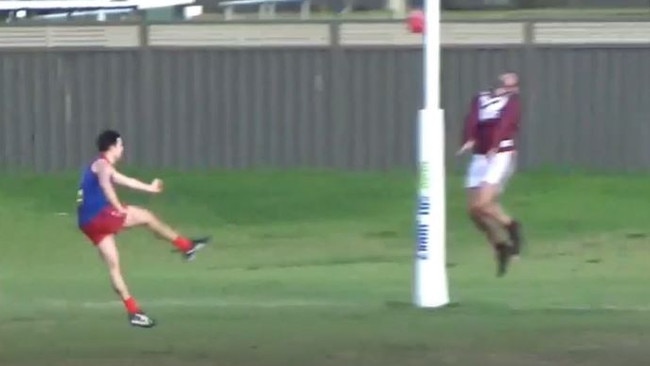 Screengrab of the moment Colonel Light Gardens player Bryce Smith stopped a matchwinning goal with his face.