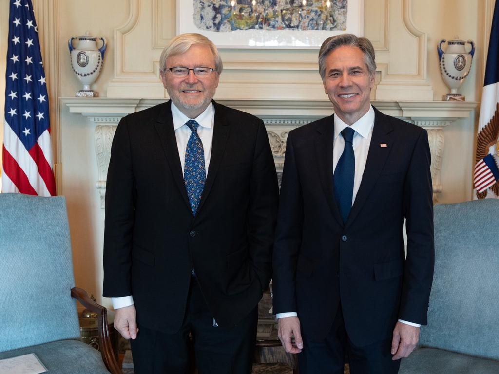 Australia’s ambassador to the US Kevin Rudd with US Secretary of State Antony Blinken. Picture: Twitter