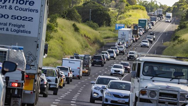 Traffic jam for miles as the flood damaged Bruce Highway causes massive delays between Maryborough and Gympie. Picture Lachie Millard