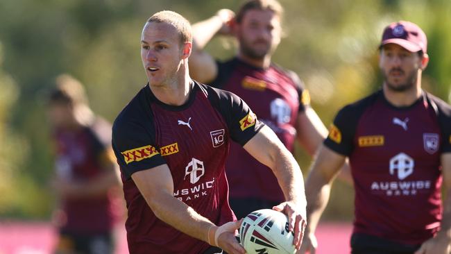 GOLD COAST, AUSTRALIA - MAY 29: Daly Cherry-Evans passes during the QLD Maroons State of Origin training session at Sanctuary Cove on May 29, 2023 in Gold Coast, Australia. (Photo by Chris Hyde/Getty Images)