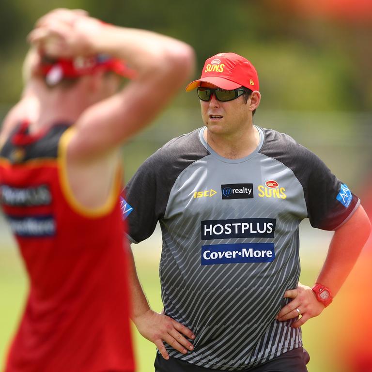 Coach Stuart Dew looks on during a Gold Coast Suns AFL media and training session at Metricon Stadium on November 04, 2019 in Gold Coast, Australia. (Photo by Chris Hyde/Getty Images)