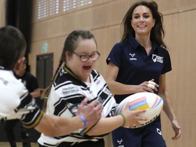 The Princess of Wales takes part in ball skills and drills with PDRL (Physical Disability Rugby League) and LDRL (Learning Disability Rugby League) players. Picture: Getty Images