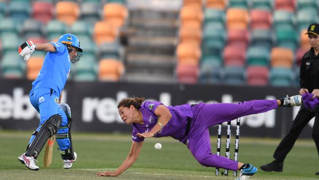 Belinda Vakarewa tries to stop the ball during the Women's Big bash League match between the Hobart Hurricanes and the Adelaide Strikers at Blundstone Arena last year. Picture: STEVE BELL/GETTY IMAGES