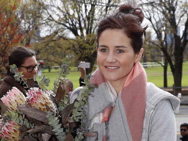 Melbourne Cup-winning jockey Michelle Payne is discharged from The Alfred Hospital, after suffering from a serious injury during a fall off her horse. Picture: Alex Coppel