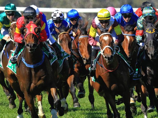 Loving home ridden by Tye Angland  (yellow cap, maroon with yellow armbands) wins race 1 during Scone  Races located in the Upper Hunter Region of NSW. The Bend . Pic Jenny Evans