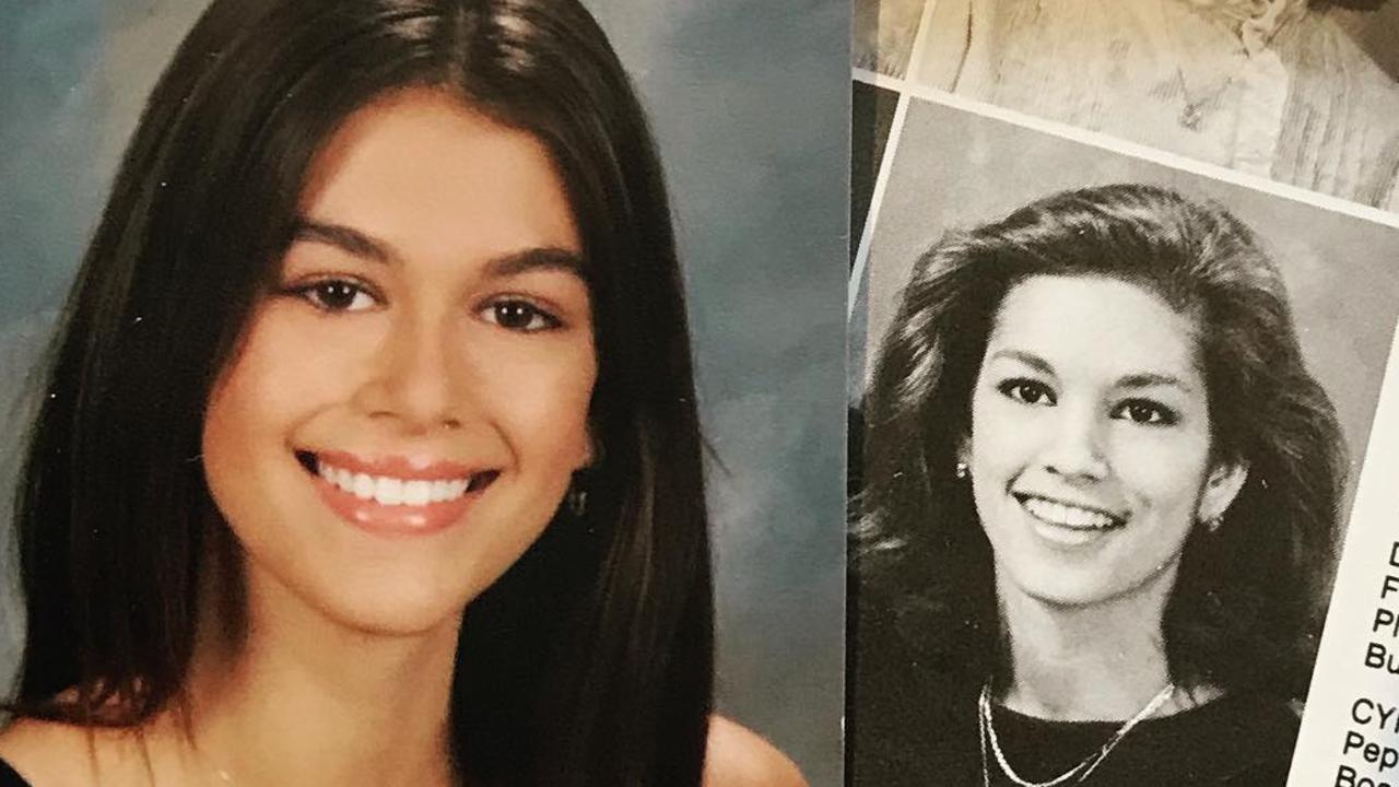 Cindy Crawford (r) posted a school photo of herself and daughter Kaia Gerber on Instagram with the humorous caption “school pics, now and then”. Picture: Instagram