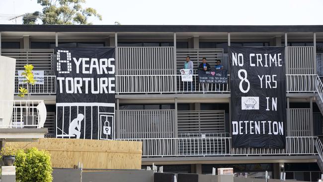 Refugees seen at Kangaroo Point Hotel. (News Corp/Attila Csaszar)