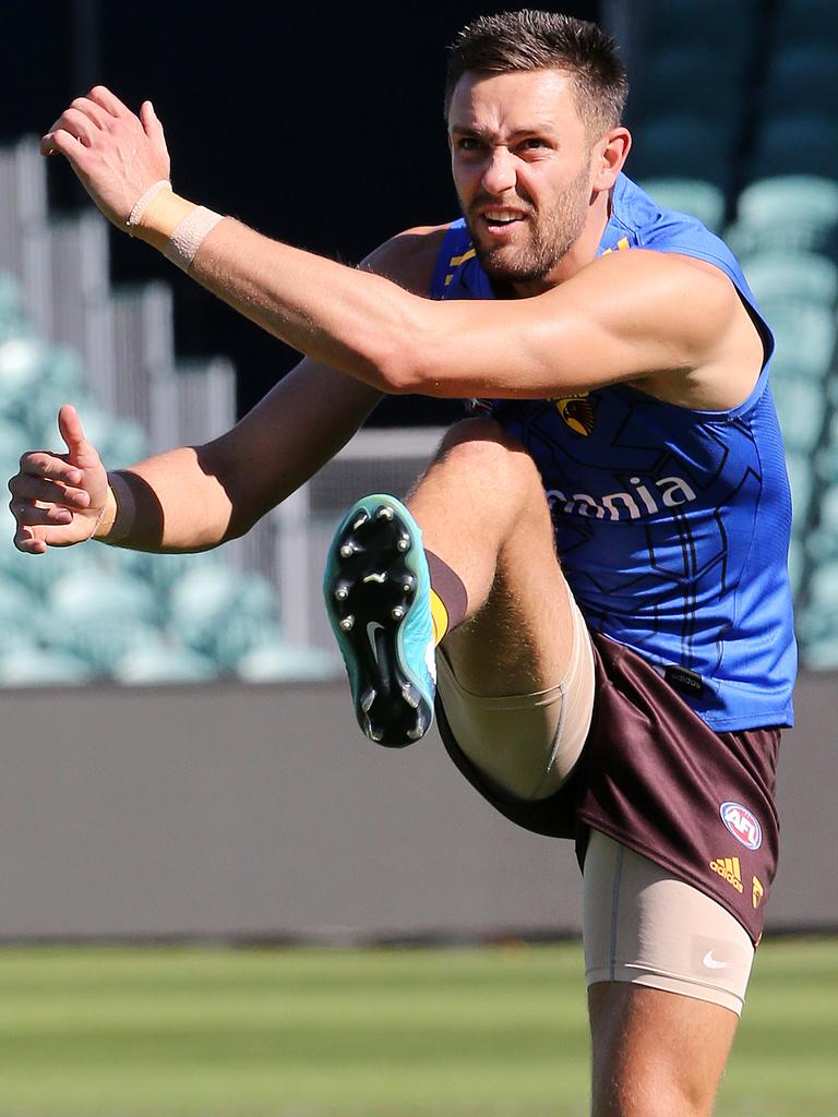 Jack Gunston has a shot at goal at Hawthorn training. Picture: Chris Kidd