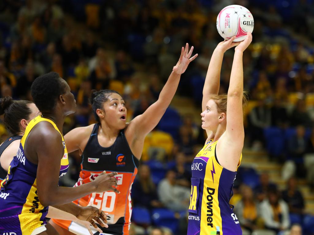 Giants defender Kristiana Manu’a was controversially sent off not once, but twice, in their clash against the Sunshine Coast Lightning. Picture: Getty Images.