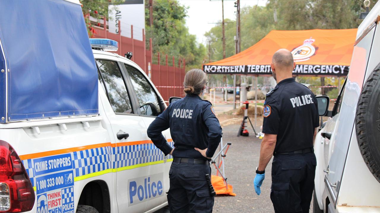 Police on the scene of an alleged aggravated assault on Gap Rd in Alice Springs that left an elderly man fighting for his life in hospital. Picture: Jason Walls