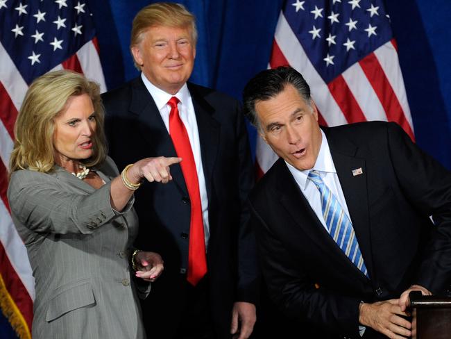 Ann Romney, Donald Trump and Mitt Romney in happier times. Picture: Getty