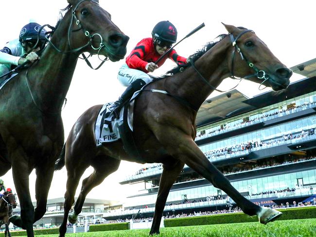 SYDNEY, AUSTRALIA - SEPTEMBER 30: Rachel King riding Just Fine wins Race 9 James Squire Metropolitan during TAB Epsom Day - Sydney Racing at Royal Randwick Racecourse on September 30, 2023 in Sydney, Australia. (Photo by Jeremy Ng/Getty Images)