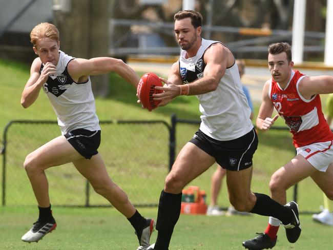 Gold Coast Premier League football Palm Beach vs. Broadbeach United at Mallawa Sports Complex. Shark's player Fraser Thurlow in action. (Photo/Steve Holland)