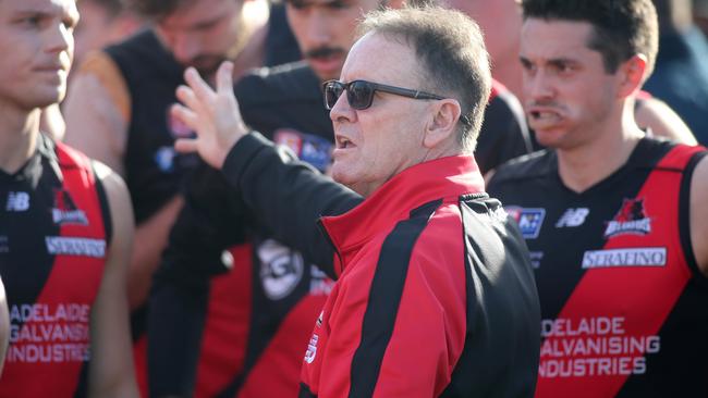 West Adelaide coach Brad Gotch addresses his players at Richmond Oval. Picture: Dean Martin