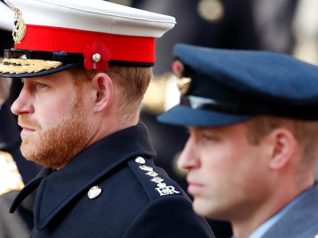 LONDON, UNITED KINGDOM - NOVEMBER 10: (EMBARGOED FOR PUBLICATION IN UK NEWSPAPERS UNTIL 24 HOURS AFTER CREATE DATE AND TIME) Prince Harry, Duke of Sussex and Prince William, Duke of Cambridge attend the annual Remembrance Sunday service at The Cenotaph on November 10, 2019 in London, England. The armistice ending the First World War between the Allies and Germany was signed at Compiegne, France on eleventh hour of the eleventh day of the eleventh month - 11am on the 11th November 1918. (Photo by Max Mumby/Indigo/Getty Images)