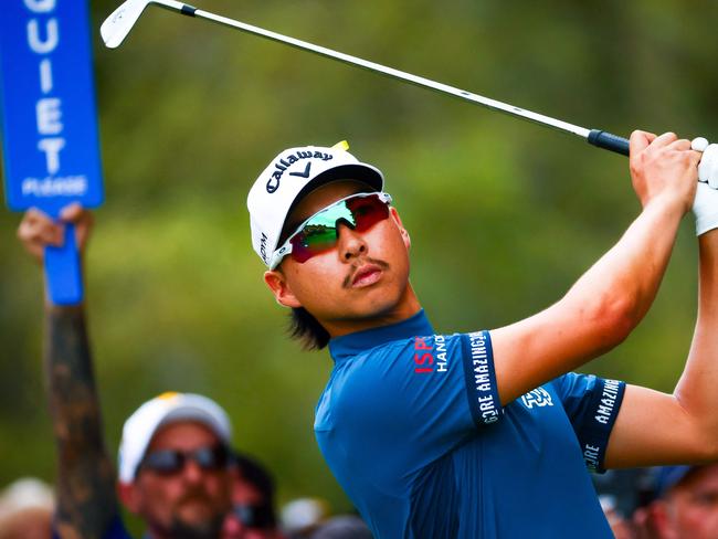 Min Woo Lee of Australia plays a shot during the final day of the Australian PGA Championship at the Royal Queensland Golf Club in Brisbane on November 26, 2023. (Photo by Patrick HAMILTON / AFP) / -- IMAGE RESTRICTED TO EDITORIAL USE - STRICTLY NO COMMERCIAL USE --