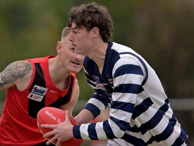 MacedonÃs Michael Rutledge during the RDFL Western Rams v Macedon football match in Rockbank, Saturday, June 3, 2023. Picture: Andy Brownbill