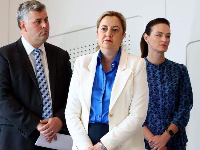 Premier Annastacia Palaszczuk flanked by Police Minister Mark Ryan and Youth Justice Minister Leanne Linard. Picture: David Clark