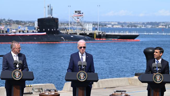 Prime Minister Anthony Albanese, US President Joe Biden and British Prime Minister Rishi Sunak hold a press conference after a trilateral meeting during the AUKUS summit on March 13 in San Diego, California.