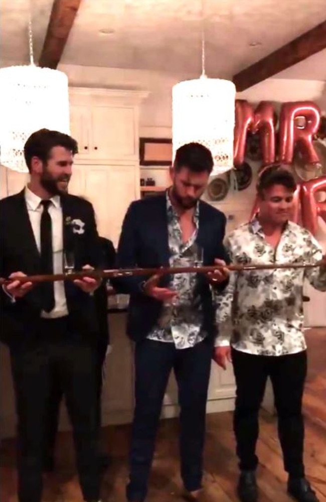 The Hemsworth brothers taking some shots at the alleged wedding party. Picture: Instagram/Conrad Carr