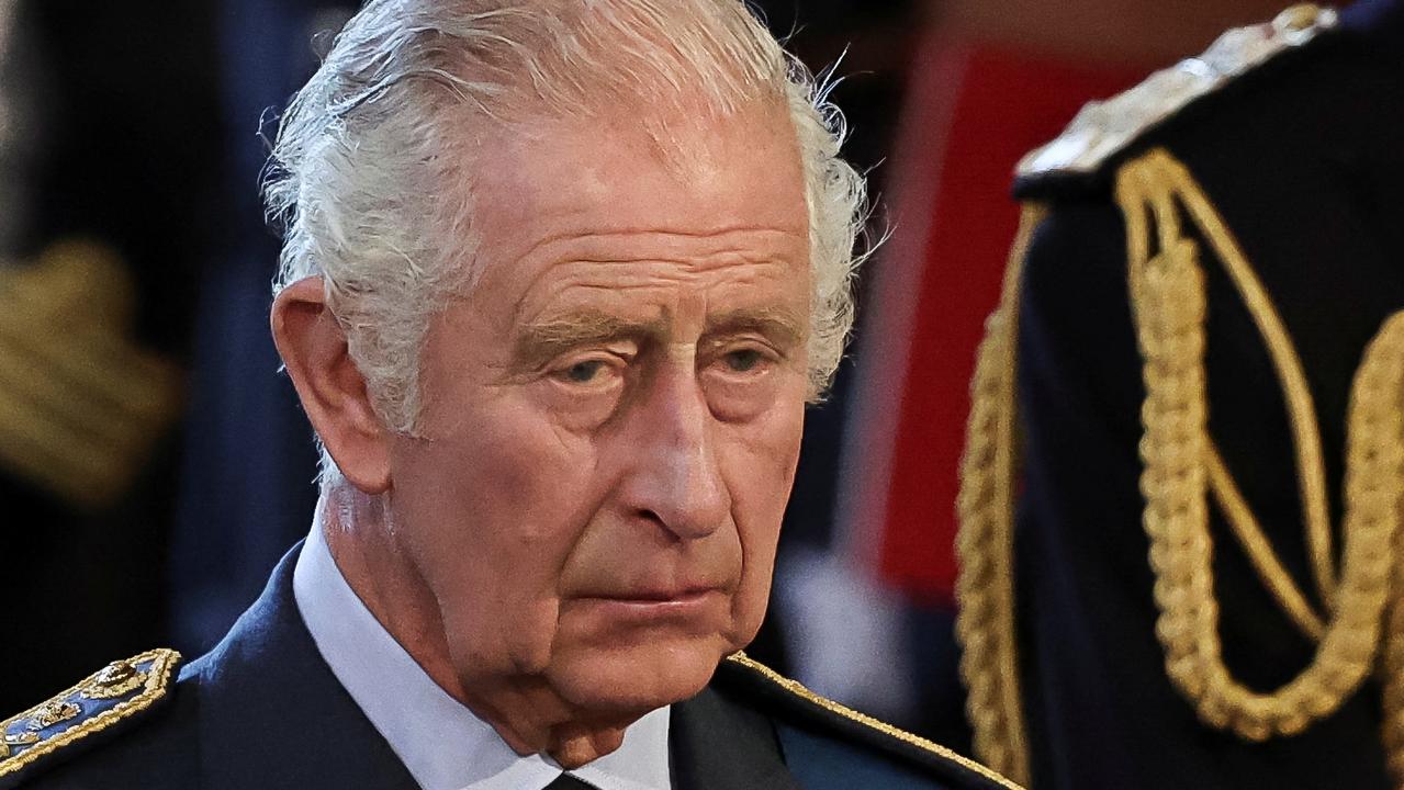 King Charles as his mother’s coffin arrived at Westminster Hall. Picture: Getty Images.