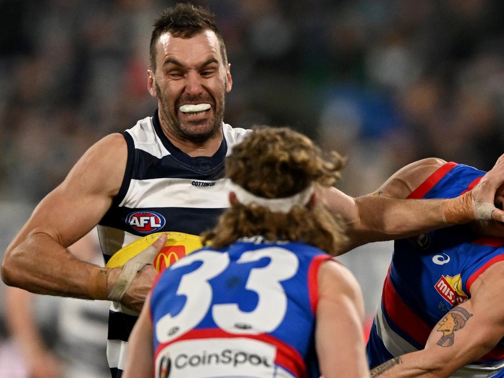 Jonathon Ceglar played his first AFL game with the Cats last week. Picture: Morgan Hancock/AFL Photos/via Getty Images