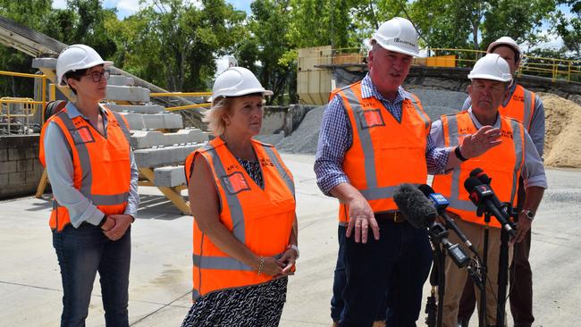 Deputy Prime Minister of Australia Barnaby Joyce speaking at Austrak in Parkhurst on February 3, 2022 with Interim Chief Executive at Inland Rail Rebecca Pickering, Member for Capricornia Michelle Landry, LNP candidate for Flynn Colin Boyce and Senator Matthew Canavan. Picture: Aden Stokes