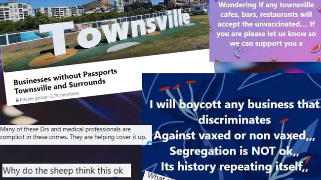 A new Facebook page has amassed thousands of members including Townsville business owners, sole traders and customers. Posts and comments show members encouraging others to push back on or get around the upcoming restrictions for unvaccinated people.