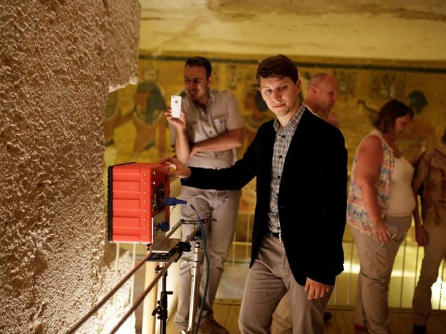 A radar survey is conducted in Pharaoh Tutankhamun’s tomb in 2016 as tourists look on. Picture: AP