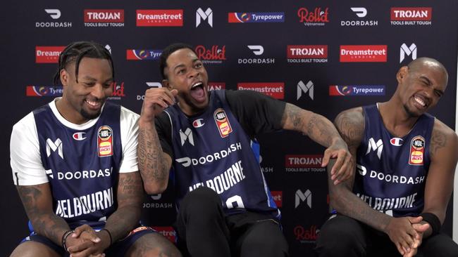 Melbourne United's trio of new imports Jordan Caroline, Rayjon Tucker and Xavier Rathan-Mayes share a hilarious moment.