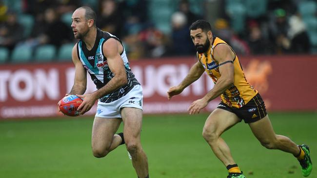 Former Power defender Matthew Broadbent, in action during a match against Hawthorn at the University of Tasmania Stadium in Launceston, this year. Picture: AAP/Julian Smith