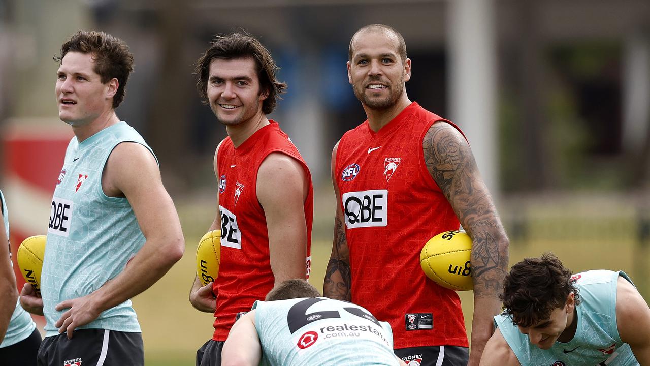 Lance Franklin, right, at Sydney training on Friday. Picture: Phil Hillyard