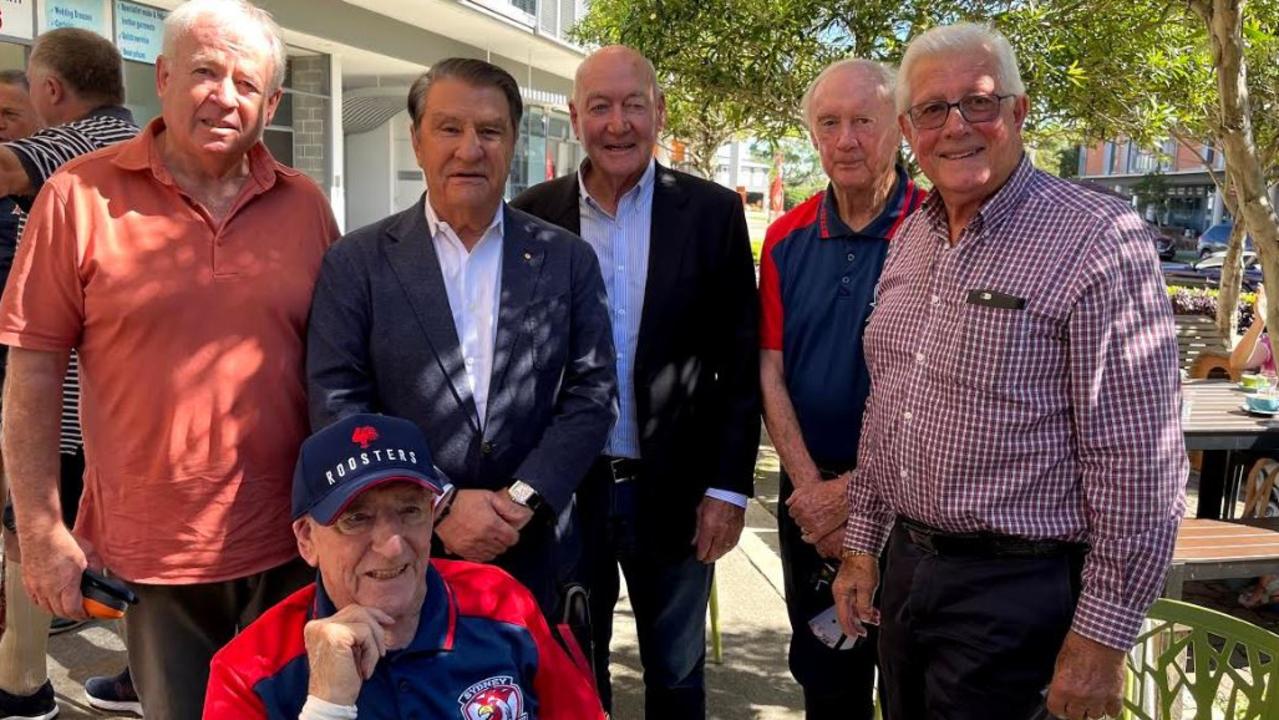 Former Roosters forward Bunny Reilly with teammates John Quayle, Mike Cleary, Ron Coote and Kevin Junee along with chairman Nick Politis and director Peter Newton.