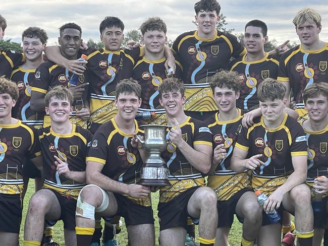 Padua College captain Will Tozer, front left, and Brock Dillon, right, with the premiership cup.