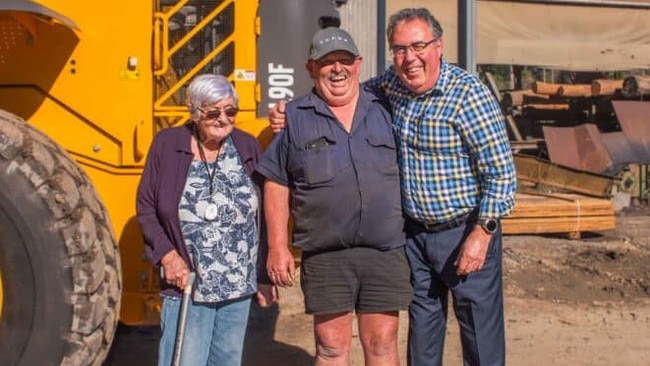 Warrell Creek Sawmill part-managers Margaret and Mark Cockburn alongside CJD Equipment’s Peter Marshall. The mill is up for sale.