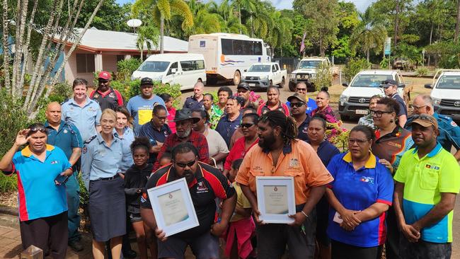 Awardees Rangers Frankie Cook and Trevor Nona with family and colleagues at ceremony at Bamaga. Picture: NPARC