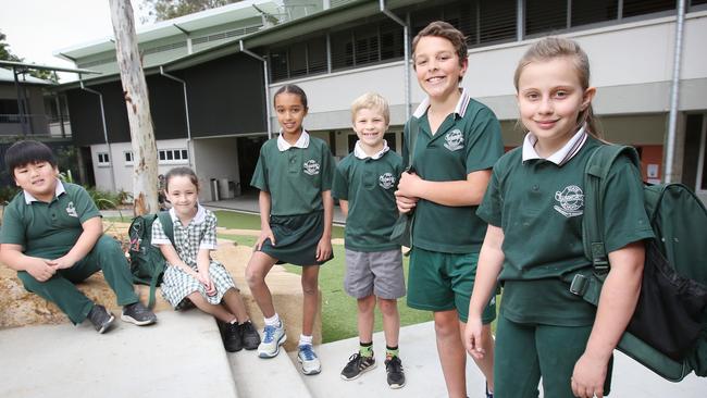 Rainworth State School students Troy, Emma, Sianna, Harry, Samuel and Mia. The school was one of the state’s top performers in NAPLAN. Picture: Steve Pohlner/AAP