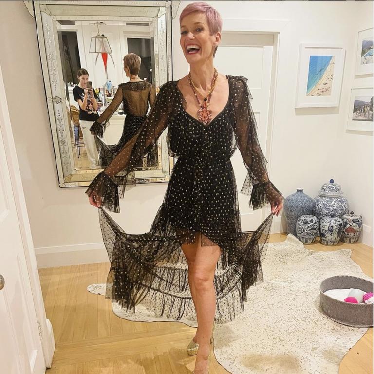 Jessica has been marking each day of lockdown by wearing a fabulous outfit for dinner, like this Alice McCall number. Picture: Instagram/Jessica Rowe.