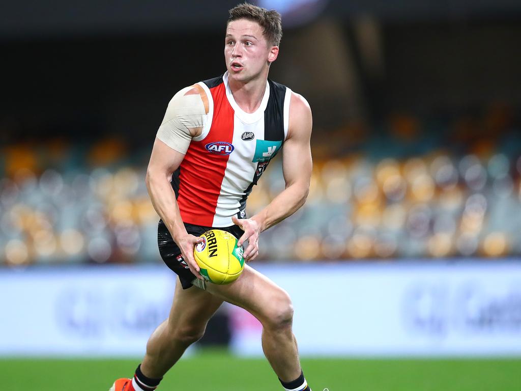 BRISBANE, AUSTRALIA - AUGUST 01: Jack Billings of the Saints in action during the round nine AFL match between St Kilda Saints and the Sydney Swans at The Gabba on August 01, 2020 in Brisbane, Australia. (Photo by Jono Searle/AFL Photos/via Getty Images)