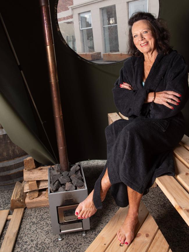 Cold water swimming enthusiast Susie Kingston in a pop-up sauna as part of Hobartica. Picture: Linda Higginson