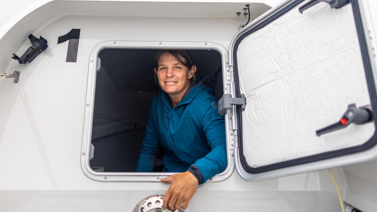 Australian Liz Wardley on her little row boat. Picture: Georgia Schofield