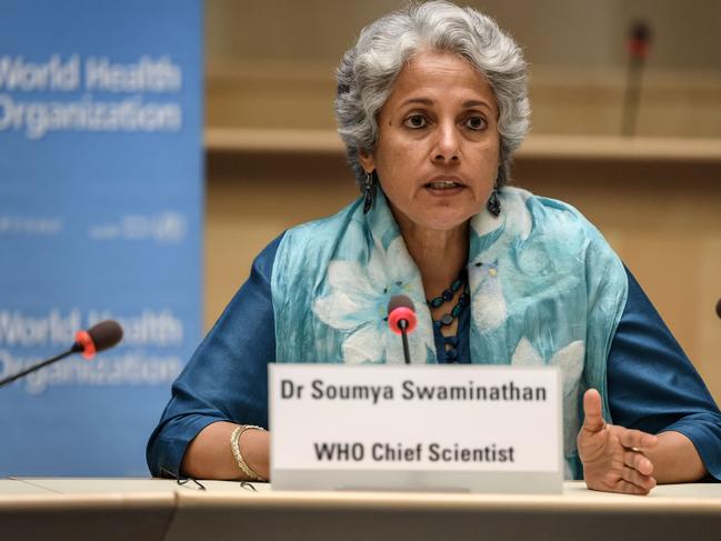 World Health Organisation Chief Scientist Soumya Swaminathan attends a press conference. Picture: AFP.