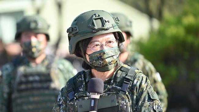 Tsai Ing-wen on an inspection tour of reservists training in Taoyuan. Picture: AFP