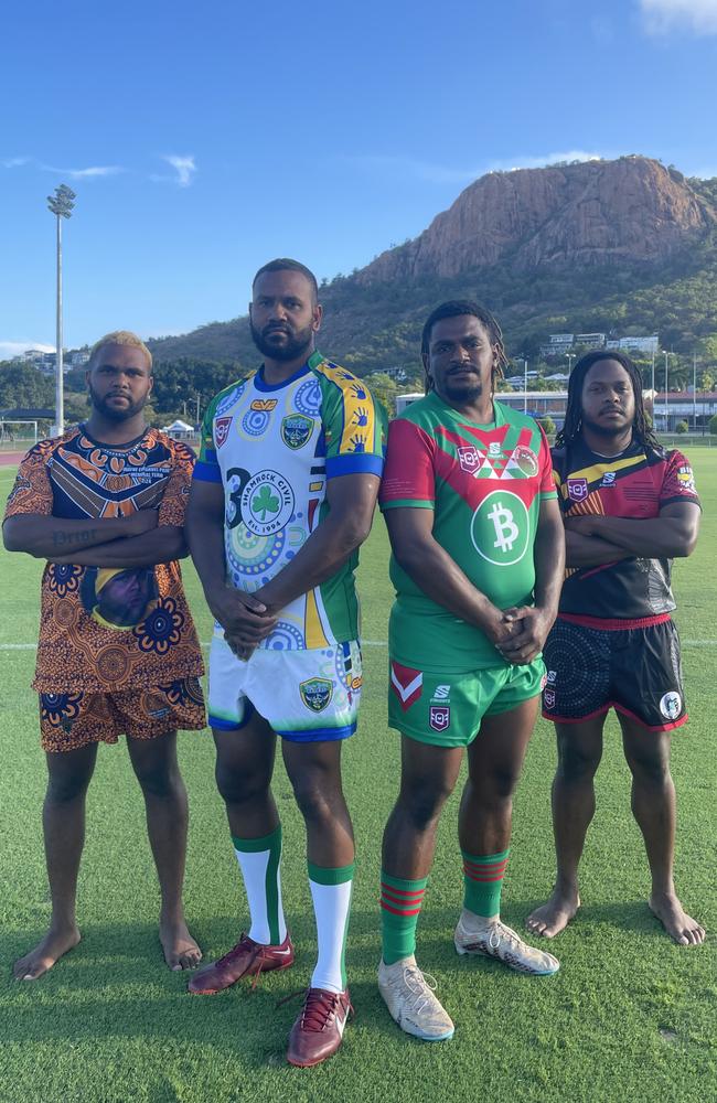 Players prepare for the 2024 Bindal Sharks All Blacks rugby league carnival. Left to right: Fred Billy, Raymond Wosomo, Norman Prior Bounghi and Nelson Doolan. Picture: Patrick Woods.